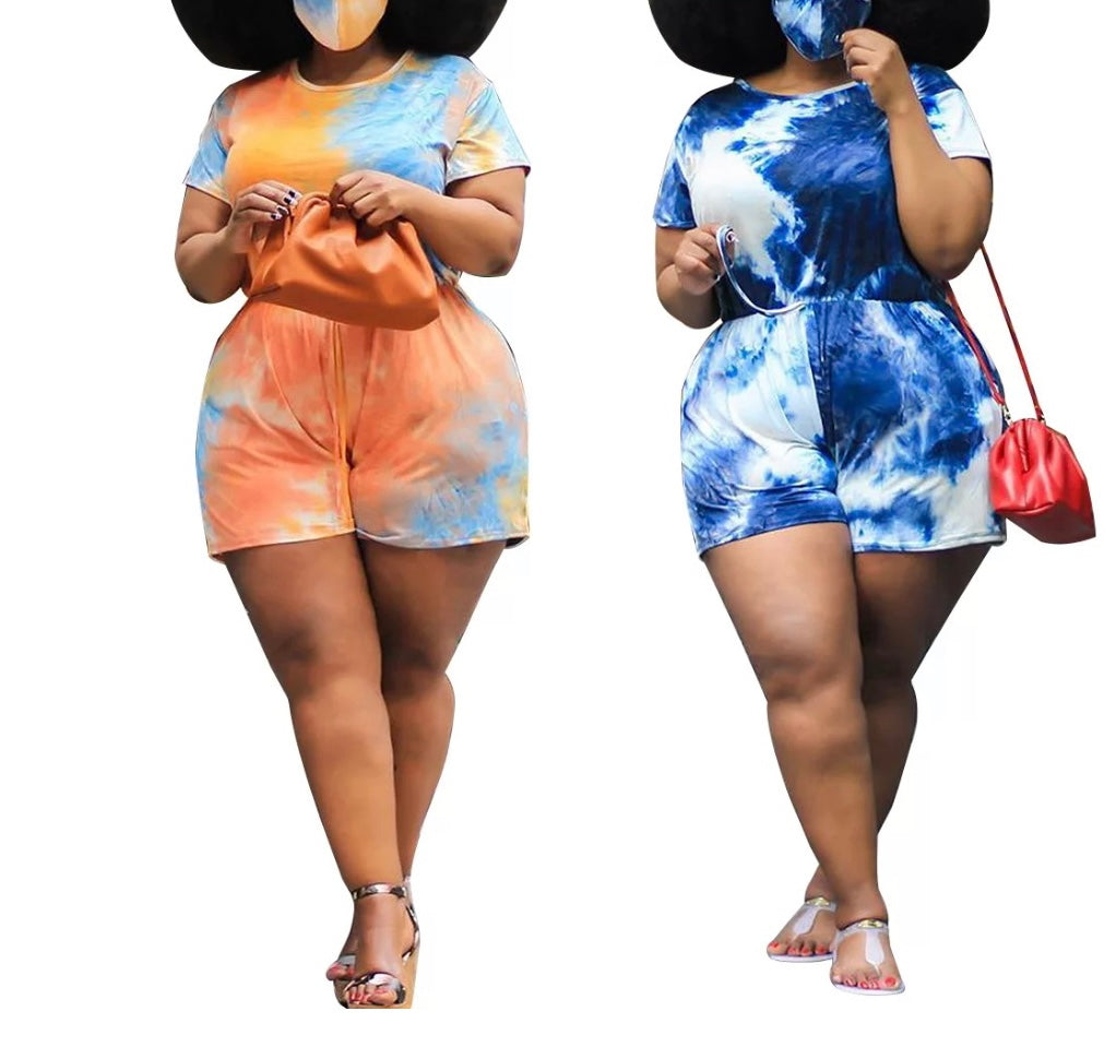 Plush size Tie-dye One piece shortset w/mask